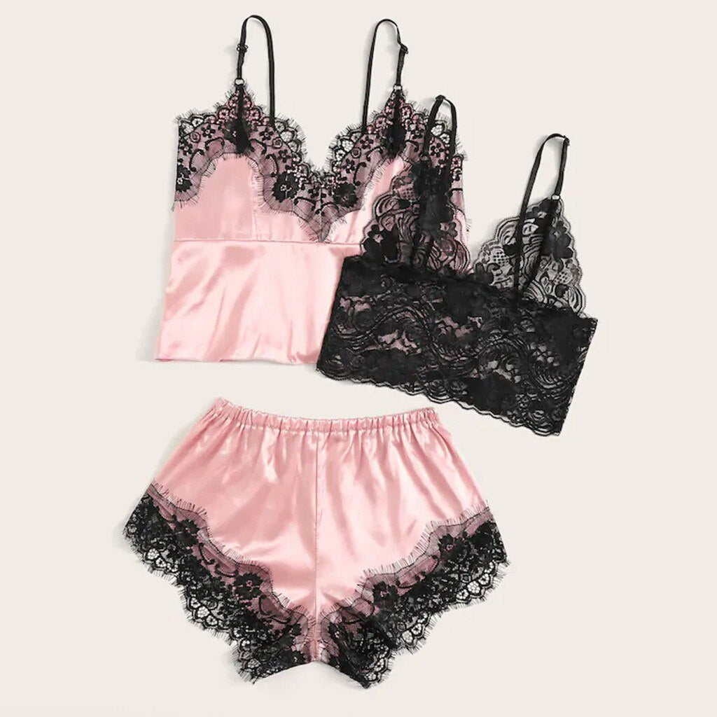 Soft Peaches - 3PC Lace Satin Sleepwear - Reverse Beauty®