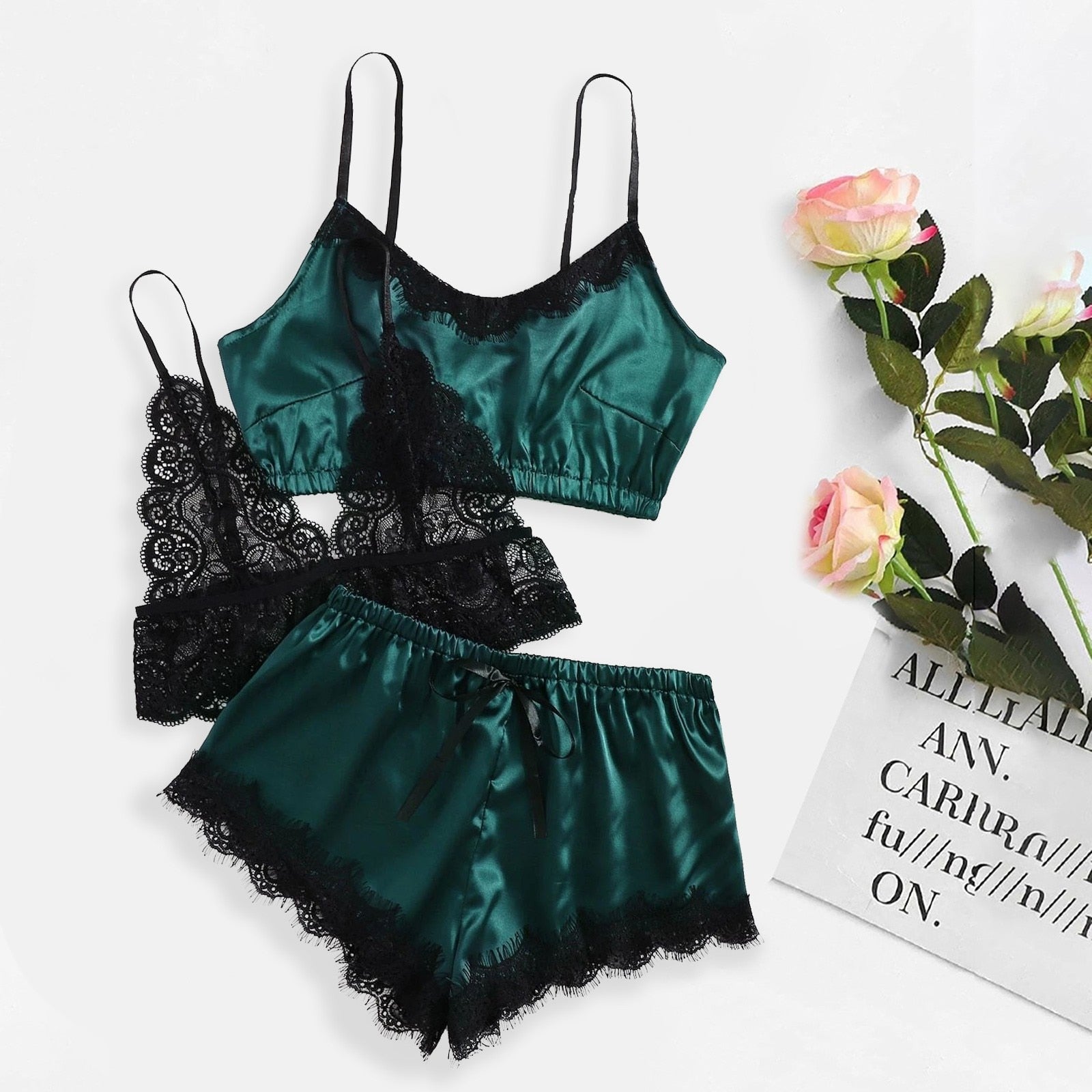 Lucky Green - Lace Satin Loungewear set - Reverse Beauty®